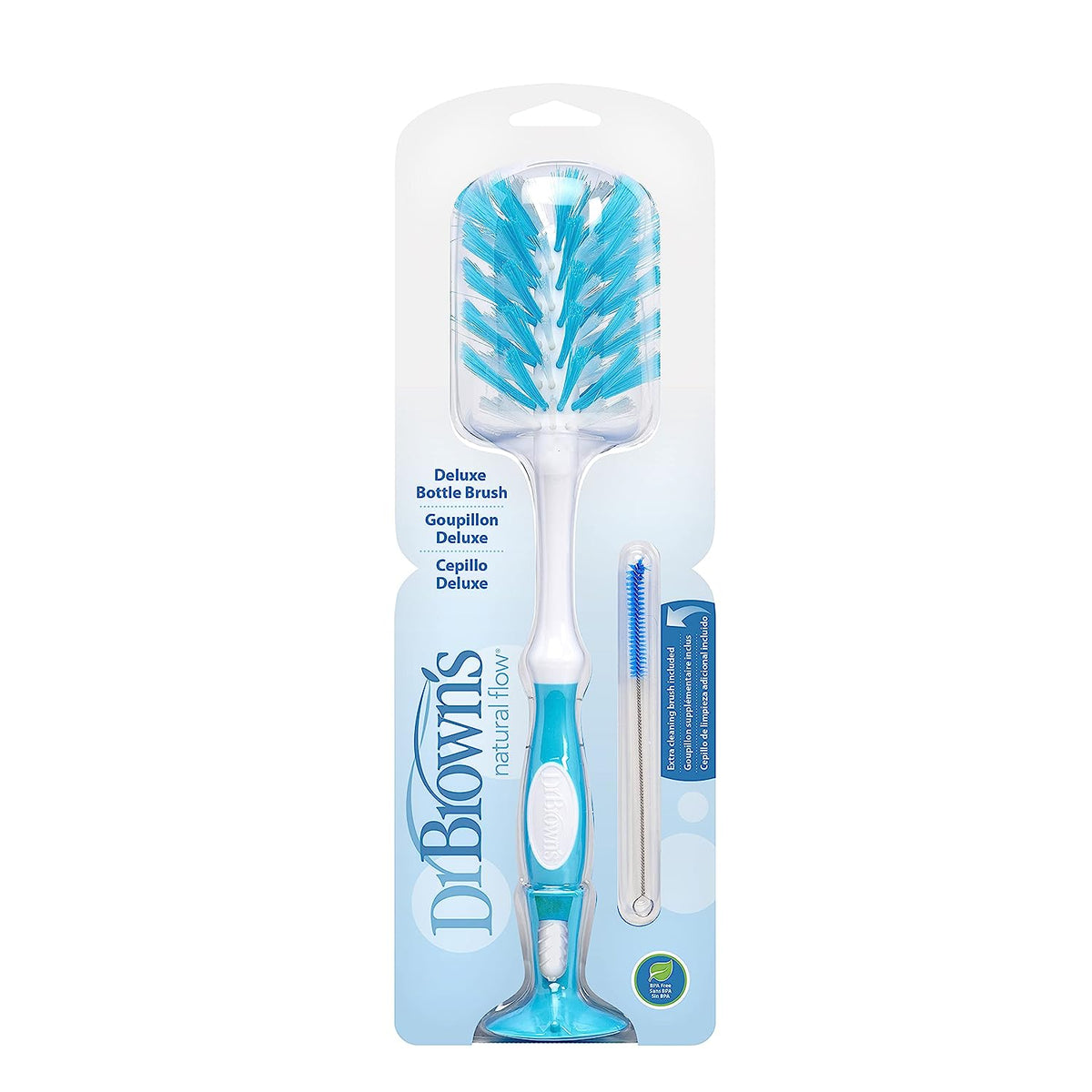 Dr. Brown's Deluxe Baby Bottle Brush with Anti-Colic Vent Cleaning Brush, Soft and Sturdy Bristles, BPA Free, Blue, 1
