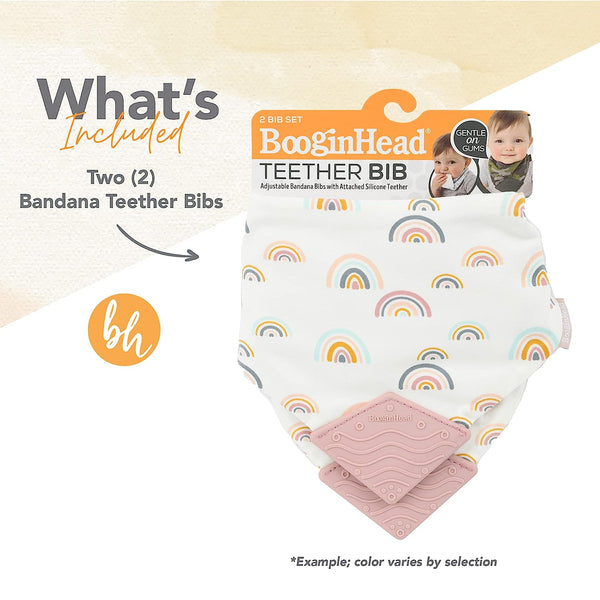 BooginHead Drool Bibs for Baby Girls and Boys – Adjustable Bandana Teether Bib 2-Pack (2-Pack Pink Rainbows)