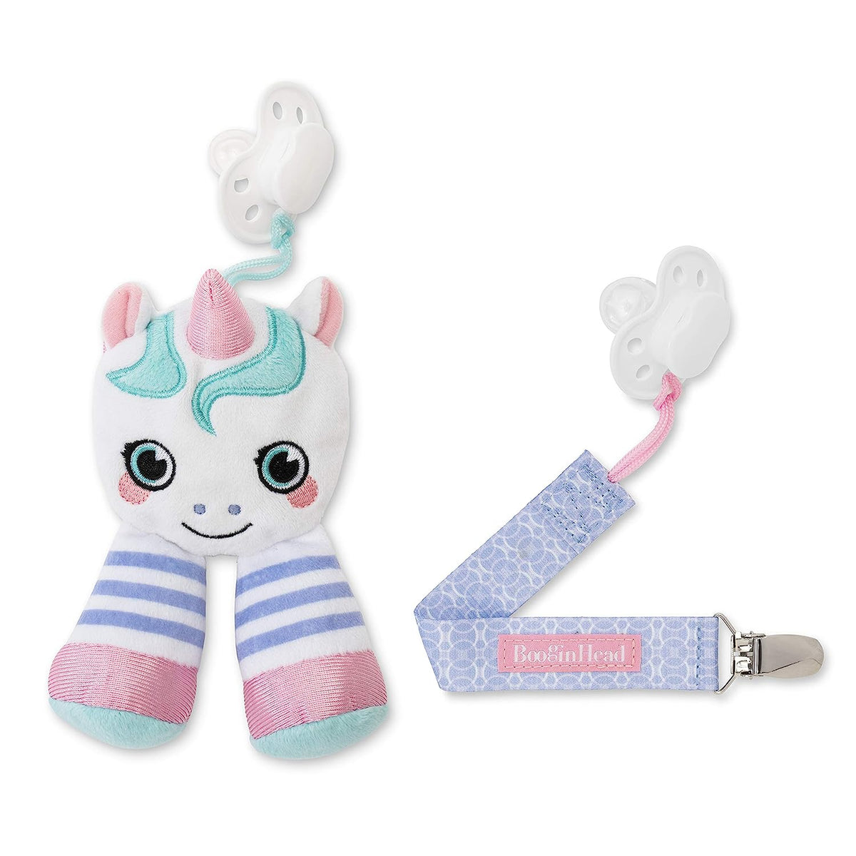 BooginHead Pacifier Holder Stuffed Animal and Baby Pacifier Clip, 2-Pack Unicorn