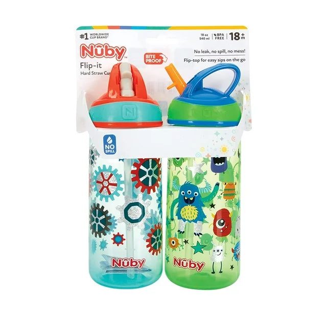 NUBY 2 Pack Flip it Kids On The Go Printed Water Bottle with Bite Proof Hard Straw - 18oz, 18 Months plus, Robots/ Friendly Monsters