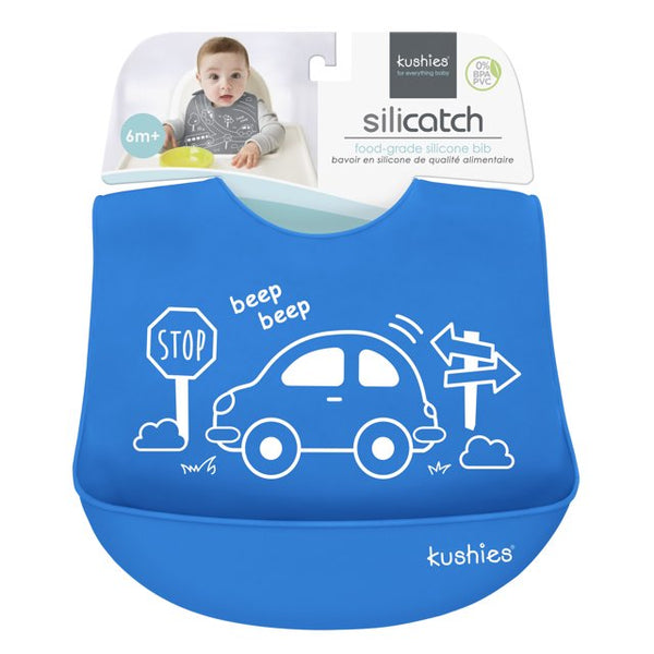 Kushies Soft Silicatch Bib Silicone Waterproof Bib with catch all pocket, Blue Car