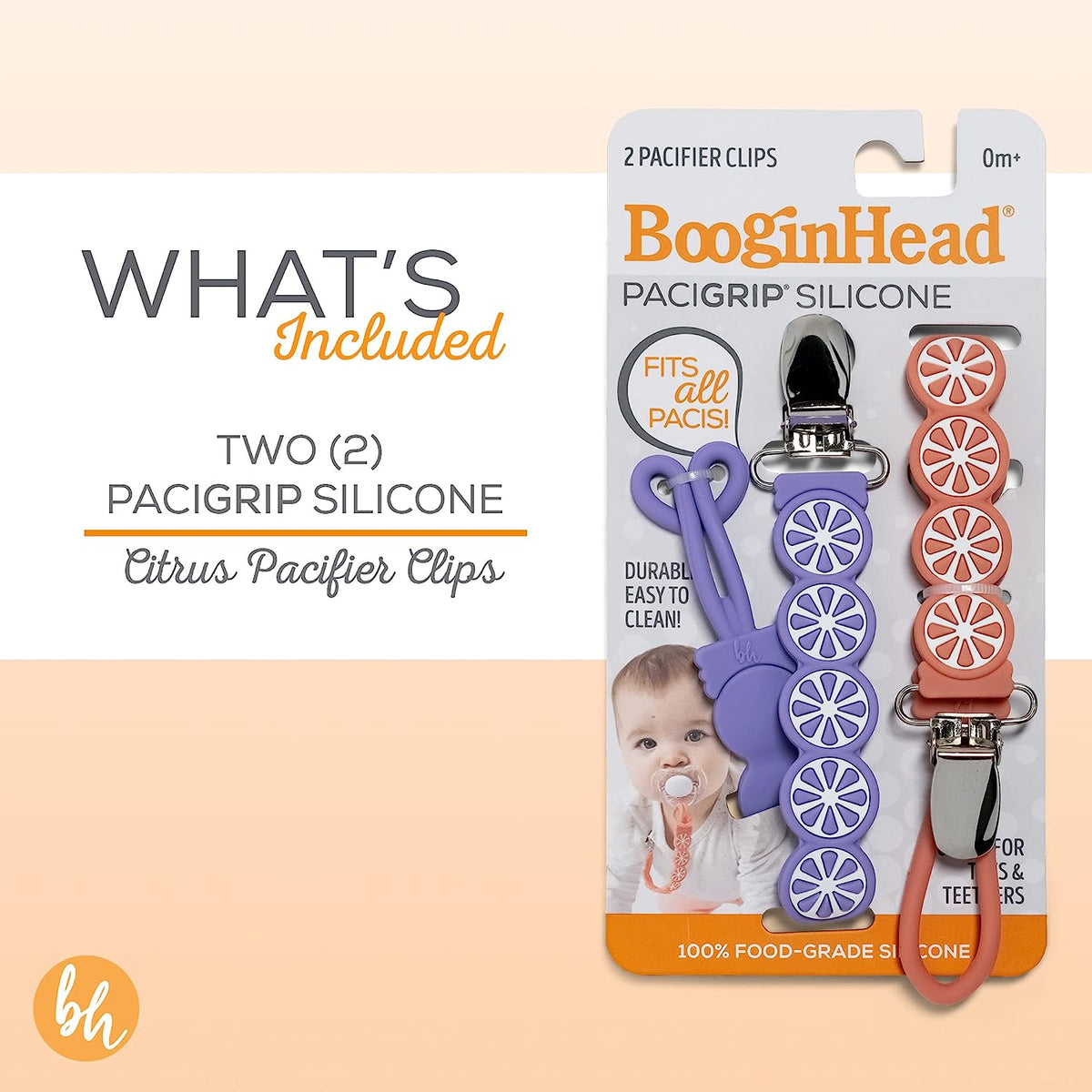 BooginHead Silicone Pacifier Clip Baby Pacifier Holder 2-Pack, Purple & Grapefruit