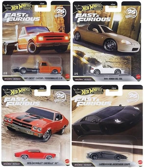 Hot Wheels Premium Fast & Furious 25th Anniversary Die-Cast Cars, Set of 4, Custom Chevy, Chevelle, Honda Del Sol, Lamborgini Aventador,1:64 Scale HNW46-956P - view 6