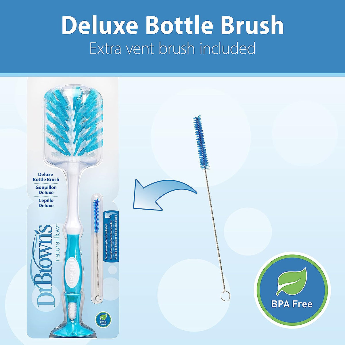 Dr. Brown's Deluxe Baby Bottle Brush with Anti-Colic Vent Cleaning Brush, Soft and Sturdy Bristles, BPA Free, Blue, 1