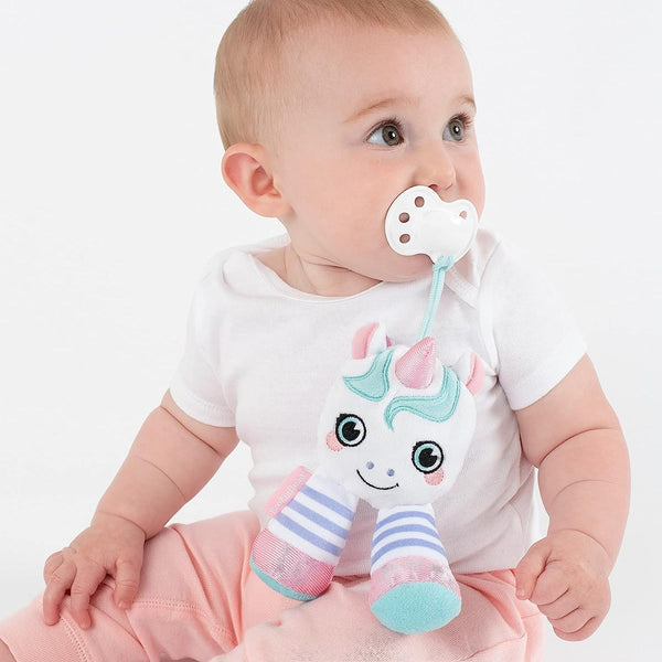 BooginHead Pacifier Holder Stuffed Animal and Baby Pacifier Clip, 2-Pack Unicorn