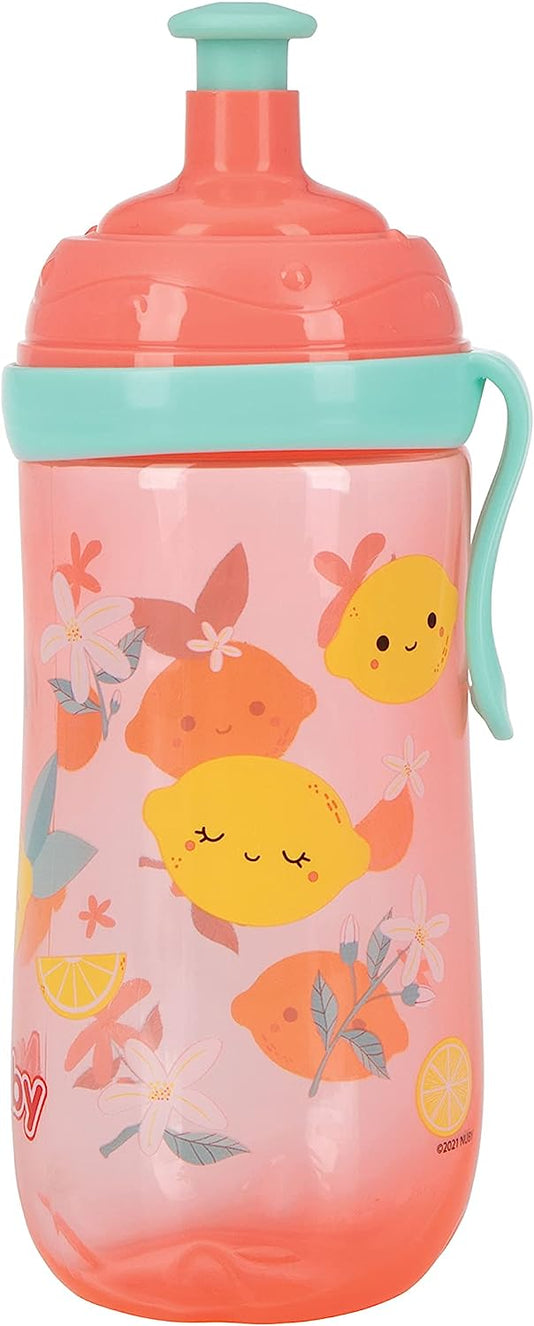 NUBY Busy Sipper, 2 Stage Cup with No Spill Spout, Free Flow Pop Up Sipper and Cover, 12oz, Pink Lemon