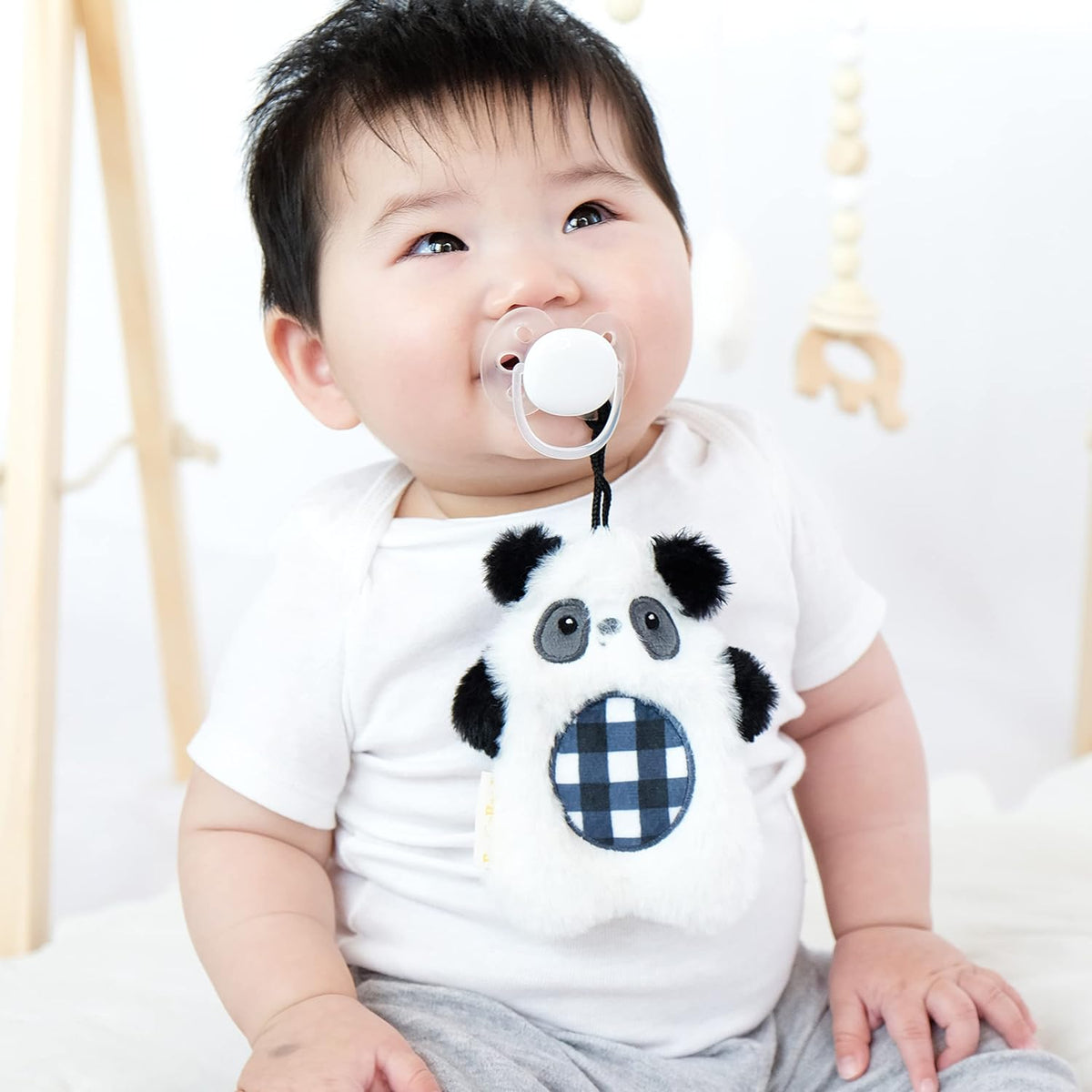 BooginHead Pacifier Holder Stuffed Animal and Baby Pacifier Clip 2 Piece Set, Plaid Panda