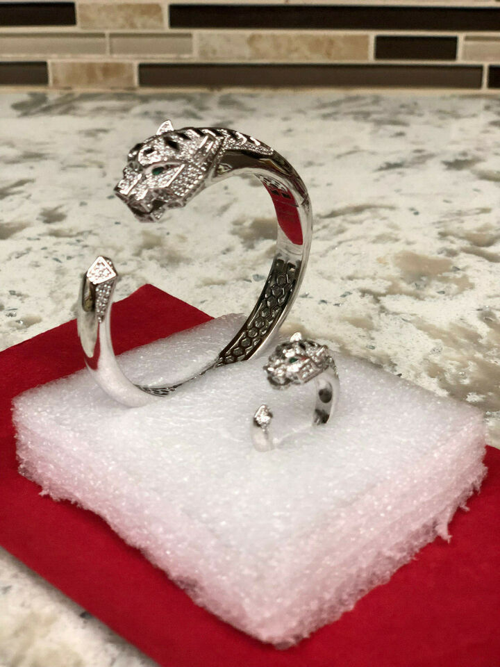 Panther Bracelet and Ring Women Silver Fine Jewelry AA CZ stone Steel