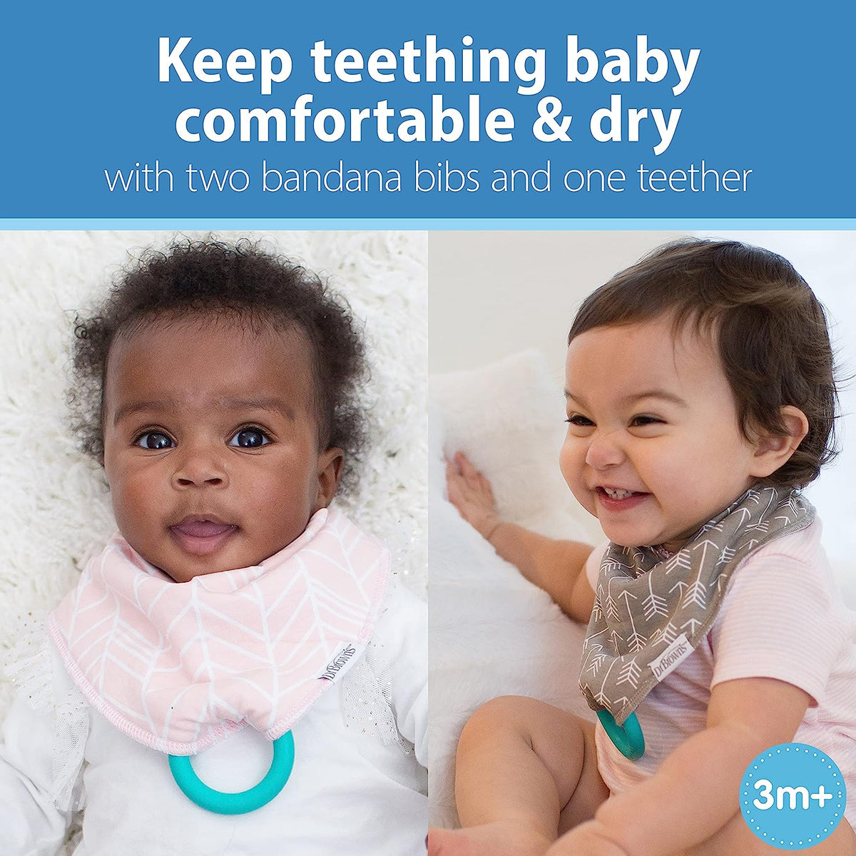 Dr. Brown's Bandana Bib with Snap-On Removable Teether, Cotton Baby Bib with Soft Fleece Lining for Teething &