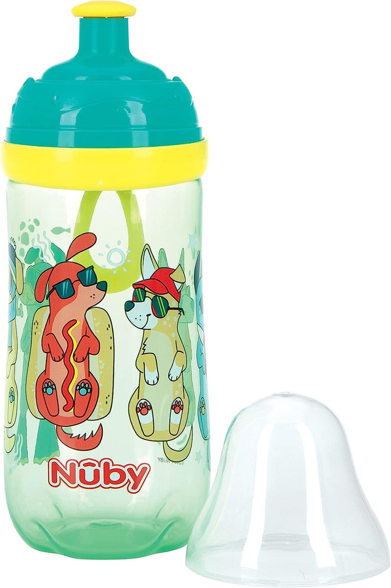 NUBY Busy Sipper, 2 Stage Cup with No Spill Spout, Free Flow Pop Up Sipper and Cover, 12oz, Green Dog