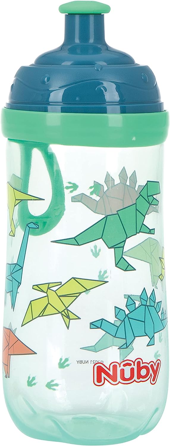 Nuby Busy Sipper, 2 Stage Cup with No Spill Spout, Free Flow Pop Up Sipper and Cover, 12 oz, Dinosaur