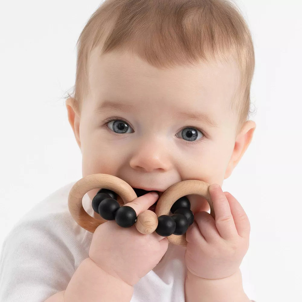 BOOGINHEAD BEADED SILICONE & WOOD TEETHER RINGS BLACK