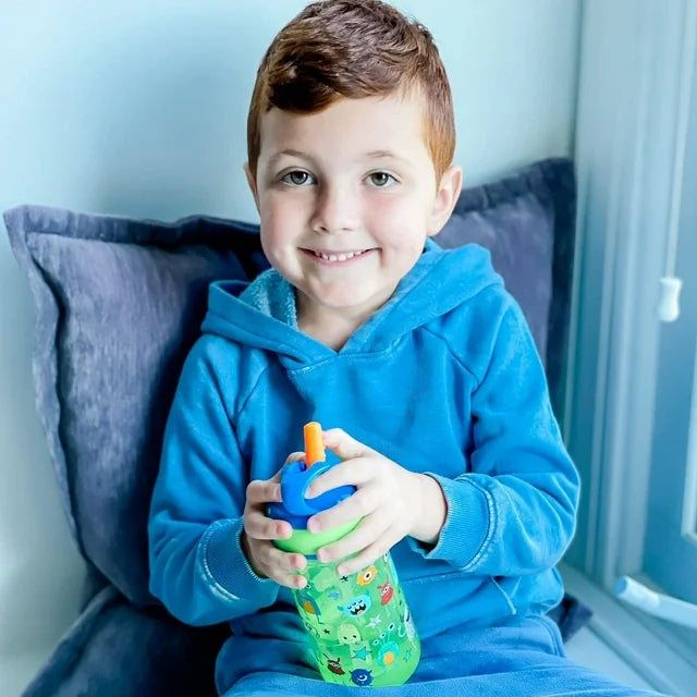 Nuby 2 Pack Flip it Kids On The Go Printed Water Bottle with Bite Proof Hard Straw - 18oz, 18 Months plus, Robots/
