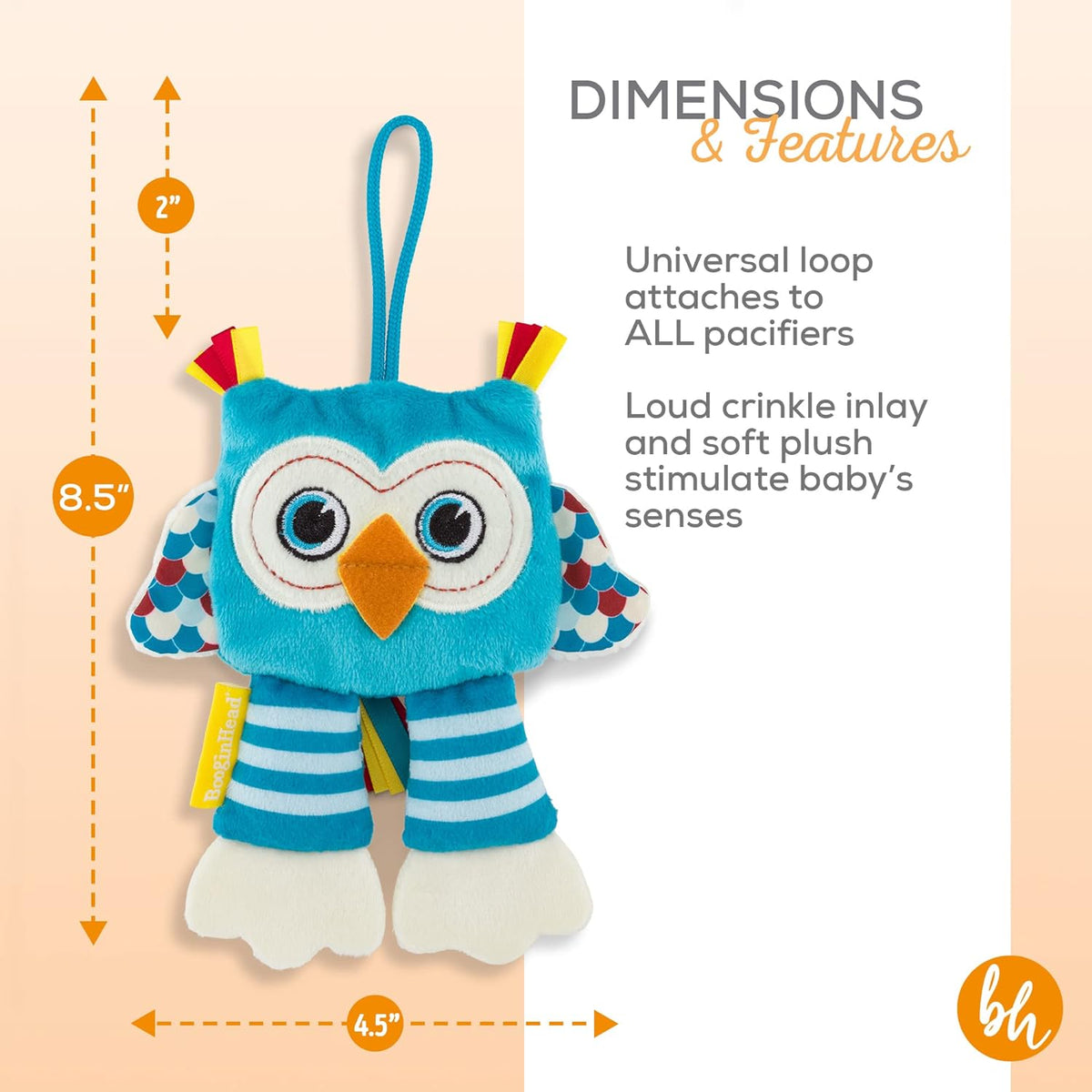 BooginHead Pacifier Holder Stuffed Animal and Baby Pacifier Clip,Turquoise Owl