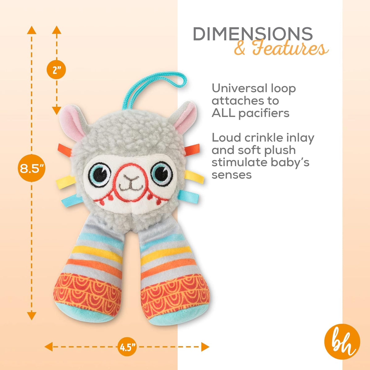 BooginHead Pacifier Holder Stuffed Animal and Baby Pacifier Clip, Gray Llama