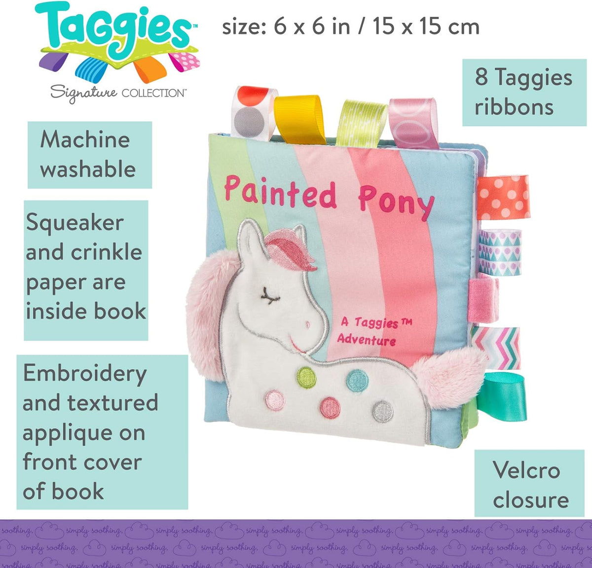 Mary Meyer Taggies Touch & Feel Soft Cloth Book with Crinkle Paper & Squeaker, 6 x 6-Inches, Painted Pony