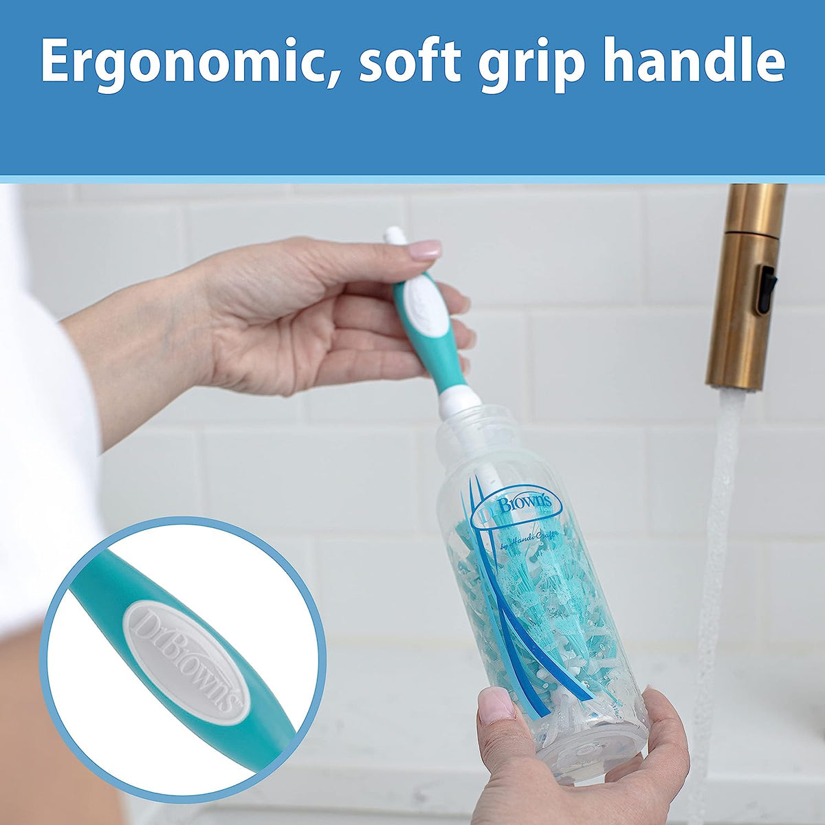 Dr. Brown's Deluxe Baby Bottle Brush with Anti-Colic Vent Cleaning Brush, Soft and Sturdy Bristles, BPA Free, Blue, 1