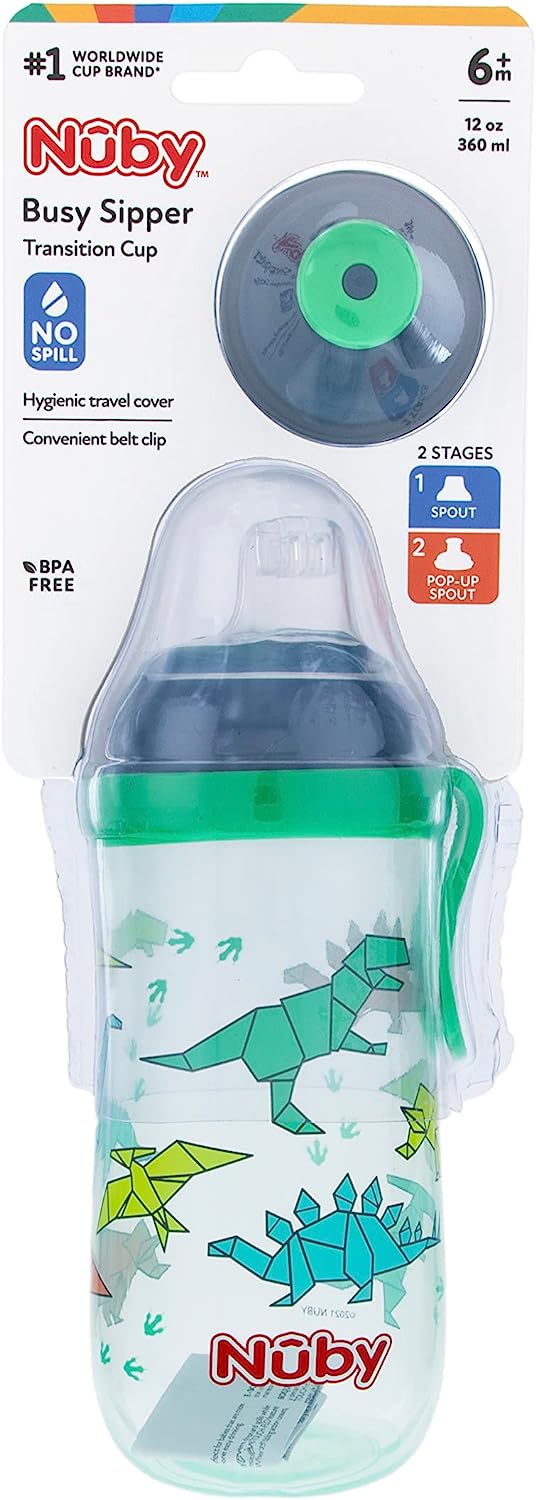 NUBY Busy Sipper, 2 Stage Cup with No Spill Spout, Free Flow Pop Up Sipper and Cover, 12oz, Dinosaur