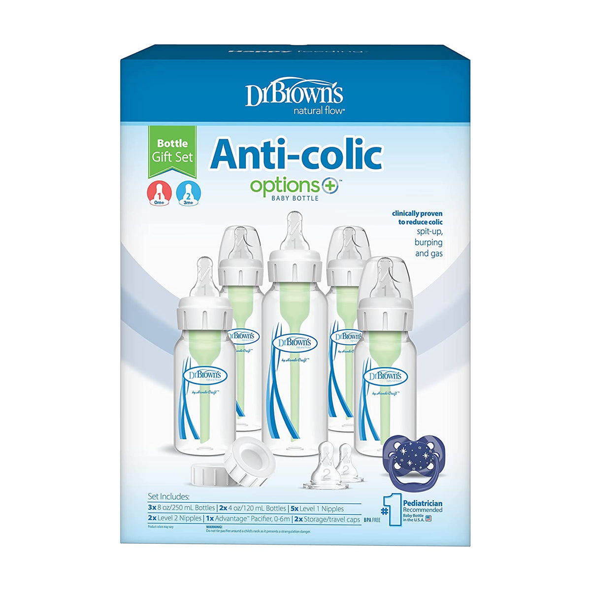 15 Piece Natural Flow Anti-Colic Options+ Narrow Baby Bottle Gift Set with Advantage Pacifier