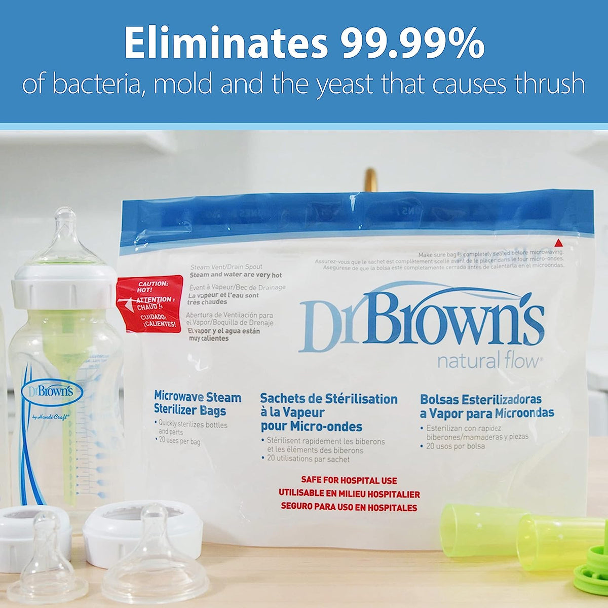 Dr. Brown's Microwave Steam Sterilizer Bags for Baby Bottles, Nipples, Bottle Parts, Pacifiers, Teethers and more, 5