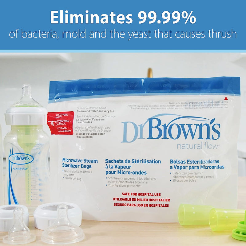 Dr. Brown's Microwave Steam Sterilizer Bags for Baby Bottles, Nipples, Bottle Parts, Pacifiers, Teethers and more, 5 Pack