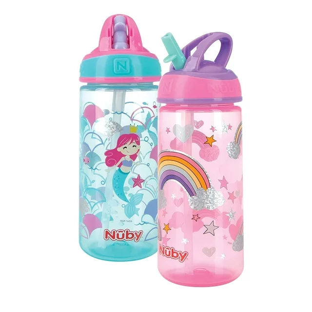 NUBY 2 Pack Flip it Kids On The Go Printed Water Bottle with Bite Proof Hard Straw - 18oz, 18 Months plus,  Mermaid/ Rainbows