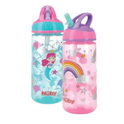 Nuby 2 Pack Flip it Kids On The Go Printed Water Bottle with Bite Proof Hard Straw - 18oz, 18 Months plus,  Mermaid/ Rainbows