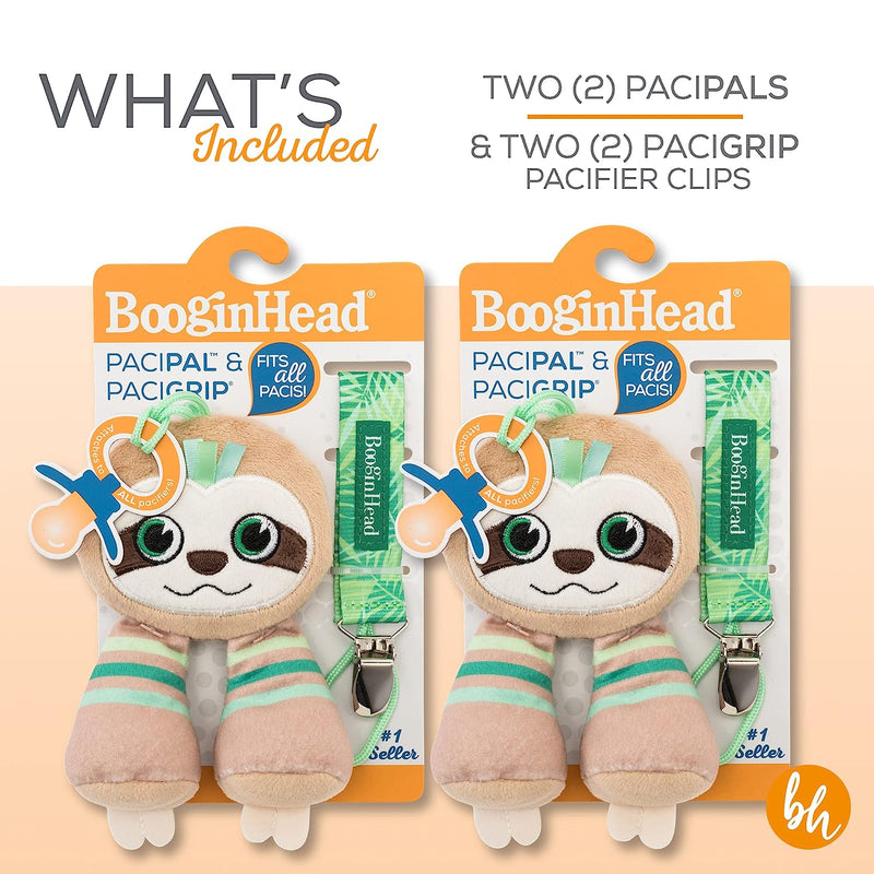 BooginHead Pacifier Holder Stuffed Animal and Baby Pacifier Clip, 2 Pack Sloths