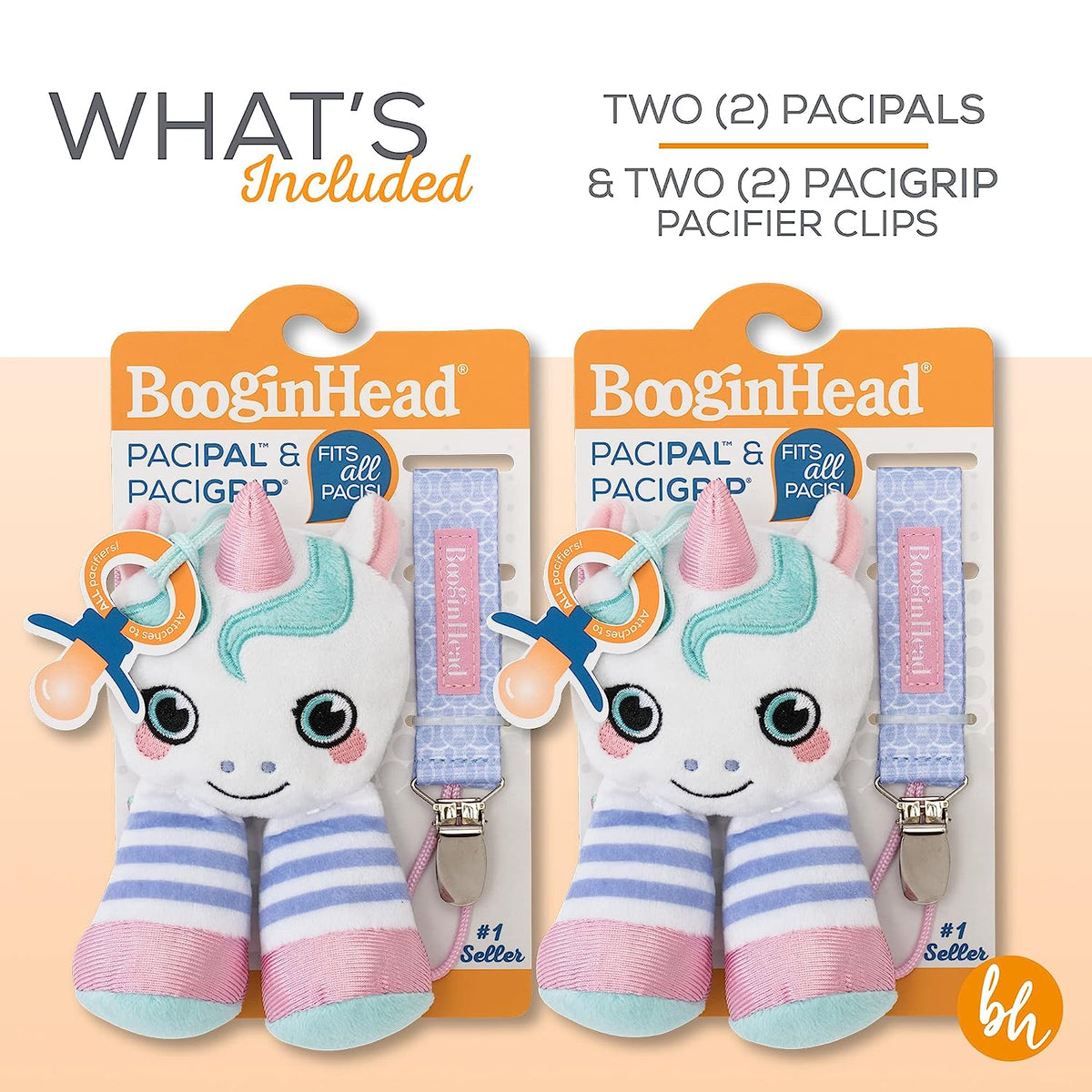 BooginHead Pacifier Holder Stuffed Animal and Baby Pacifier Clip, 2-Pack Unicorn