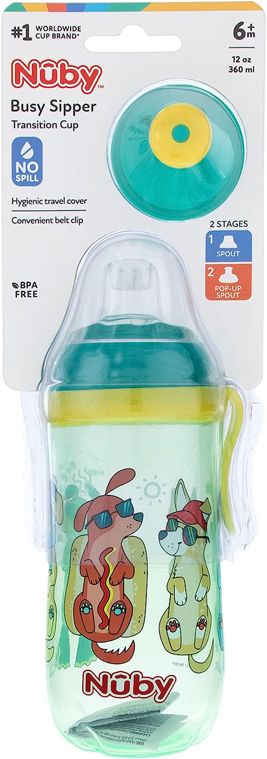 Nuby Busy Sipper, 2 Stage Cup with No Spill Spout, Free Flow Pop Up Sipper and Cover, 12 oz, Green Dog
