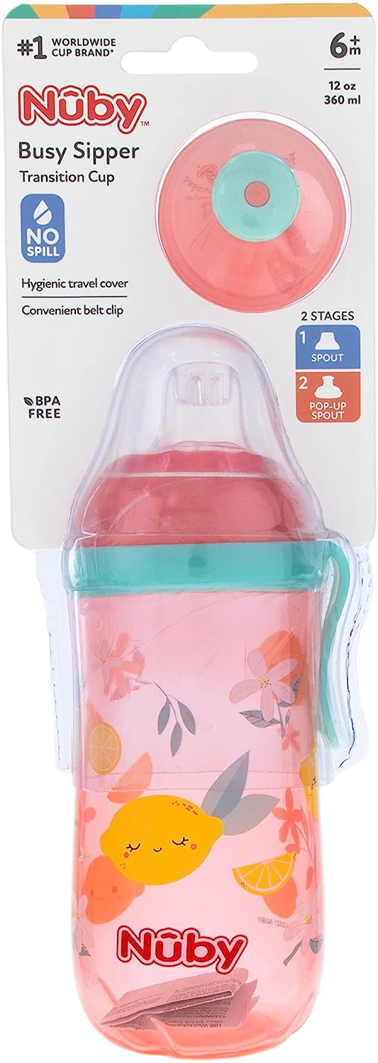 NUBY Busy Sipper, 2 Stage Cup with No Spill Spout, Free Flow Pop Up Sipper and Cover, 12oz, Pink Lemon