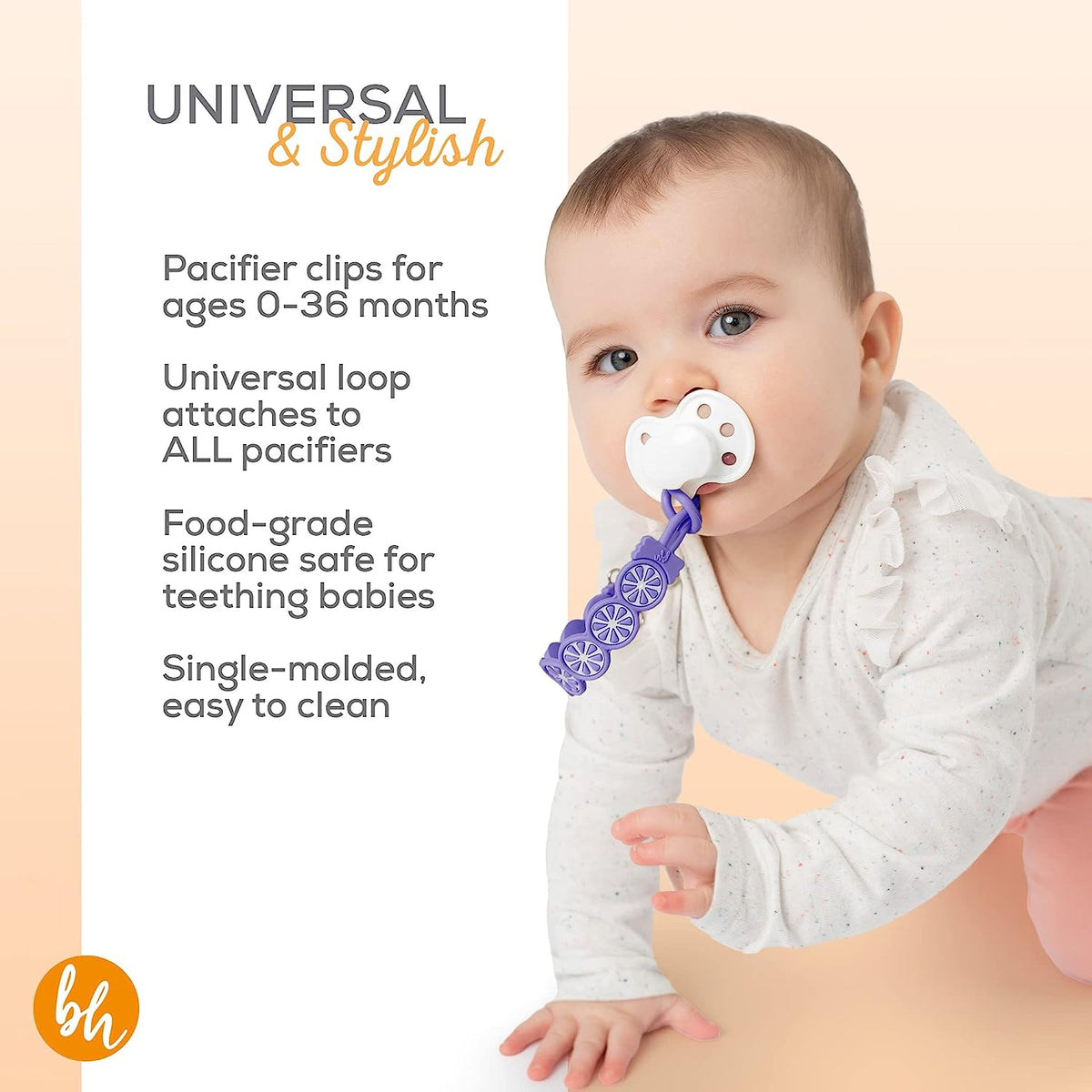 BooginHead Silicone Pacifier Clip Baby Pacifier Holder 2-Pack, Purple & Grapefruit