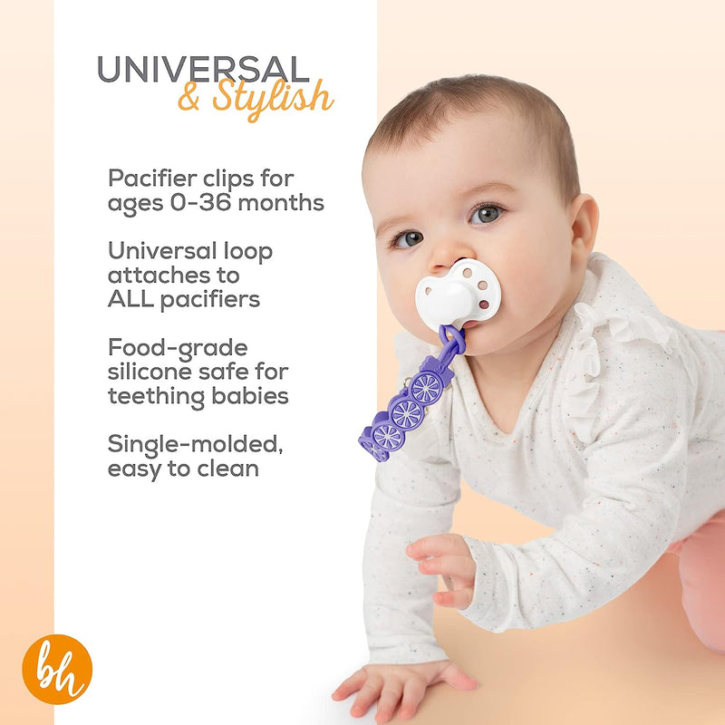 BooginHead Silicone Pacifier Clip Baby Pacifier Holder 2 Pack, Purple & Grapefruit