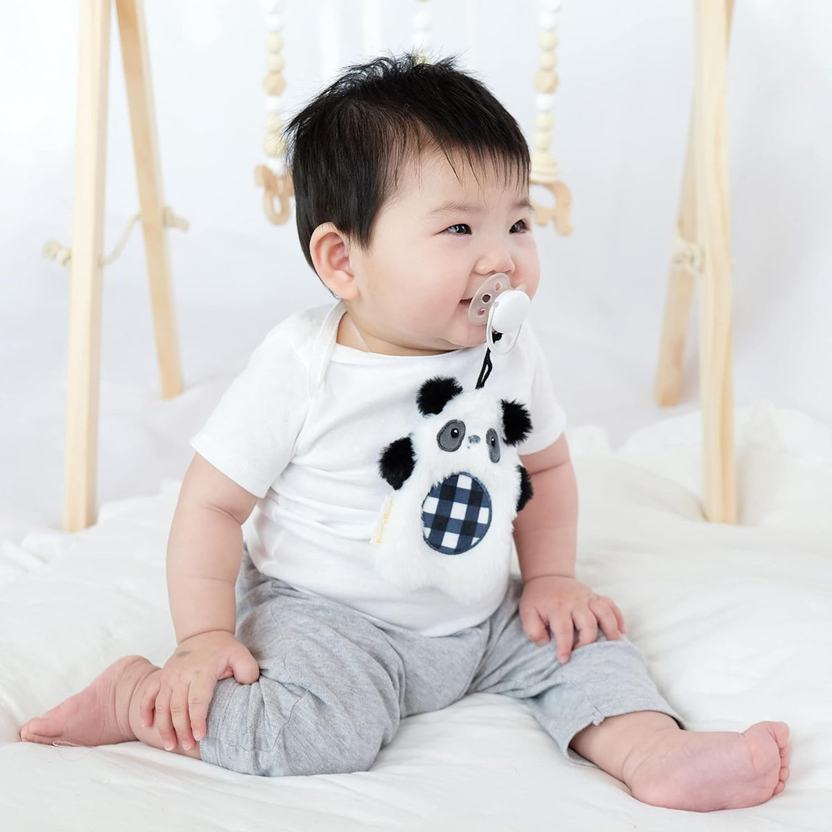 BooginHead Pacifier Holder Stuffed Animal and Baby Pacifier Clip 2 Piece Set, Plaid Panda