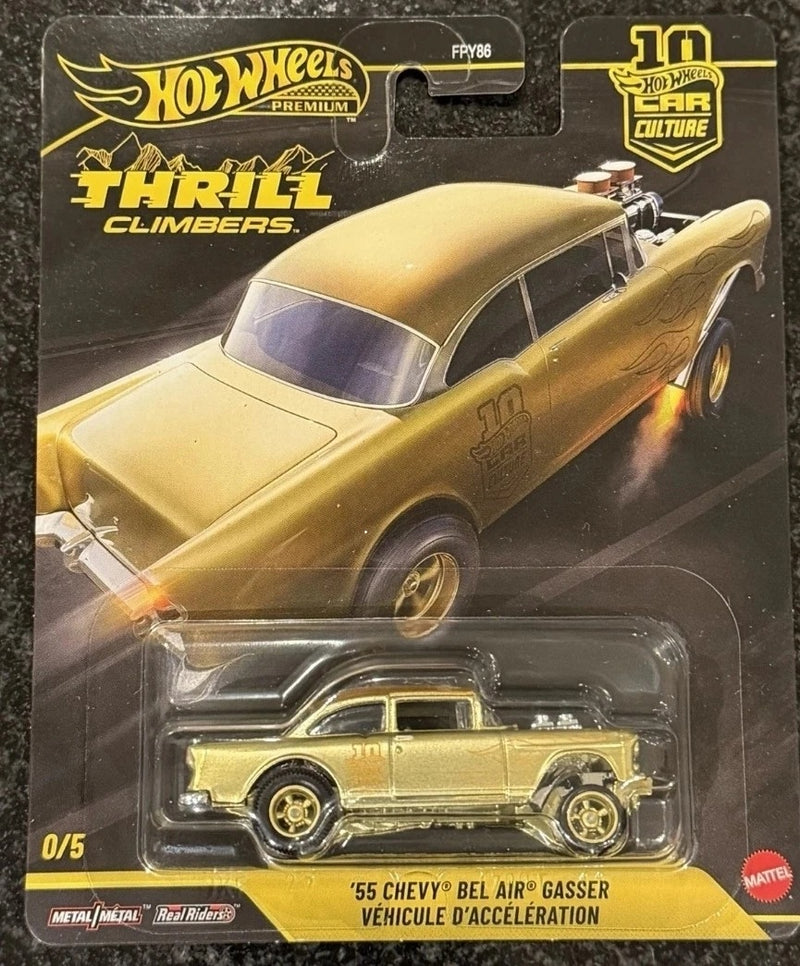 Hot Wheels Gold Chase Premium Thrill Climbers '55 Chevy Bel Air Gasser 0/5 with Protector