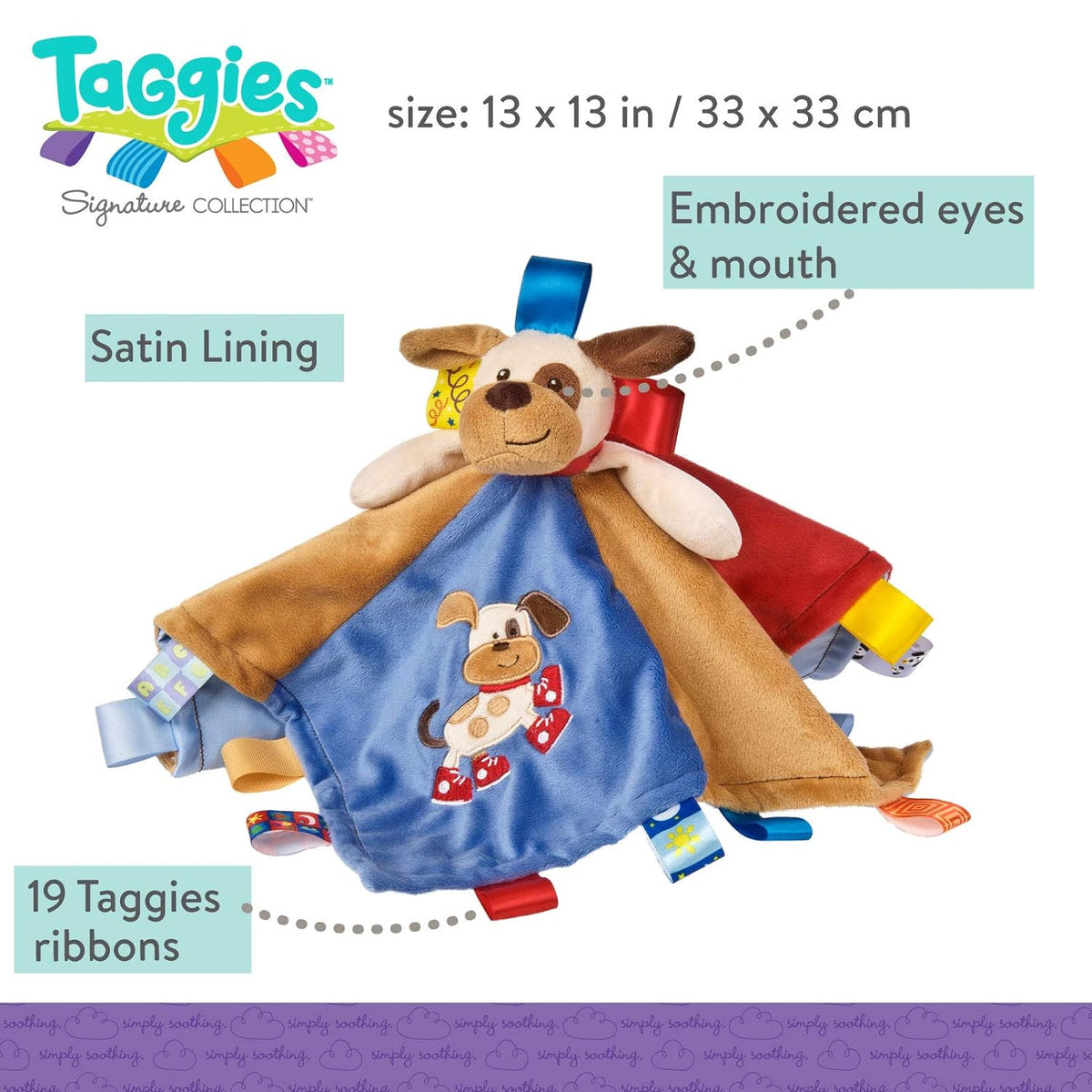 Mary Meyer Taggies Soothing Sensory Stuffed Animal Security Blanket, Taggies Buddy Dog, 13 x 13-Inches