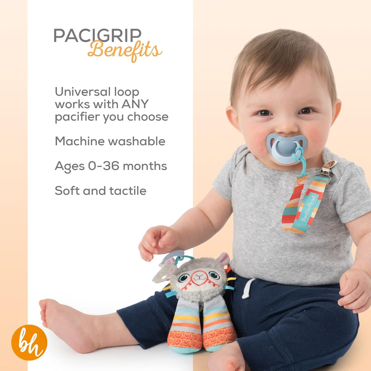 BooginHead Pacifier Holder Stuffed Animal and Baby Pacifier Clip, Gray Llama