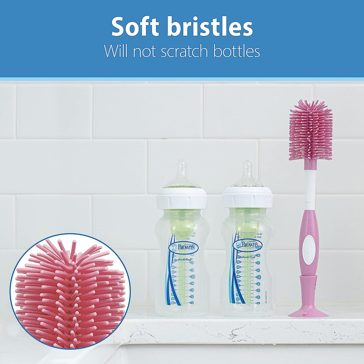 Dr. Brown's Baby Bottle and Nipple Brush Soft Touch and Sponge Brush, Pink Variety Pack, 2 -Pack