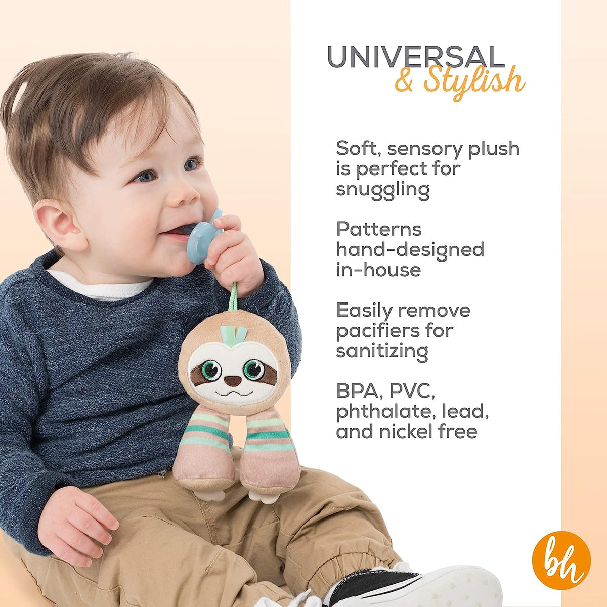 BooginHead Pacifier Holder Stuffed Animal and Baby Pacifier Clip, 2-Pack Sloths