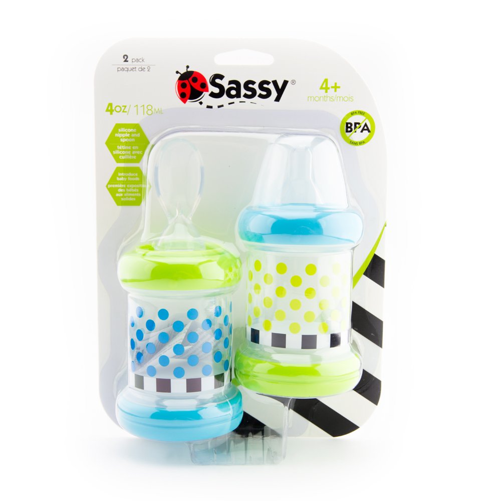 Sassy Baby Food Nurser 4+ Months Set of 2- 4oz 100% Silicone Nipple and Spoon BPA-Free