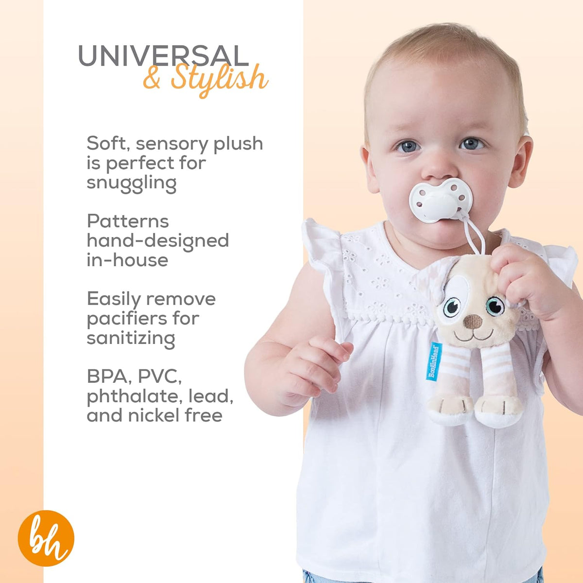 BooginHead Pacifier Holder Stuffed Animal and Baby Pacifier Clip, Brown Puppy