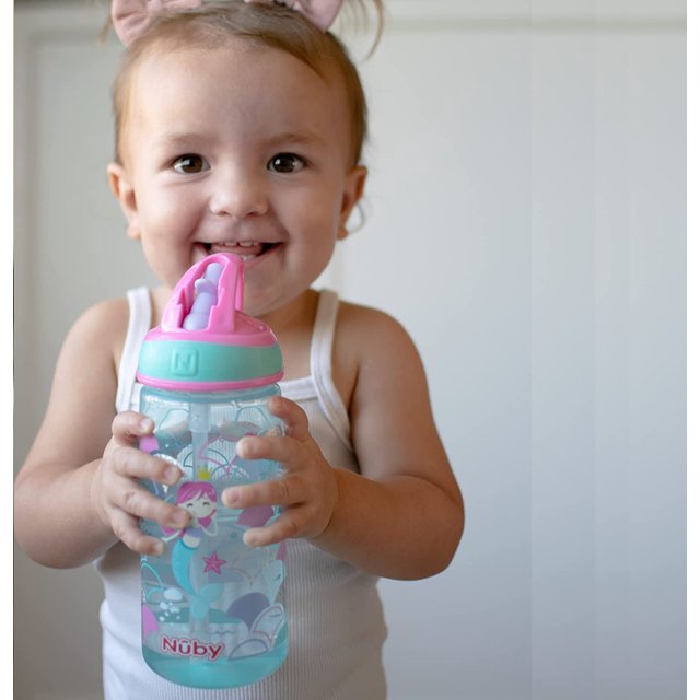 Nuby 2 Pack Flip it Kids On The Go Printed Water Bottle with Bite Proof Hard Straw - 18oz, 18 Months plus, Mermaid/