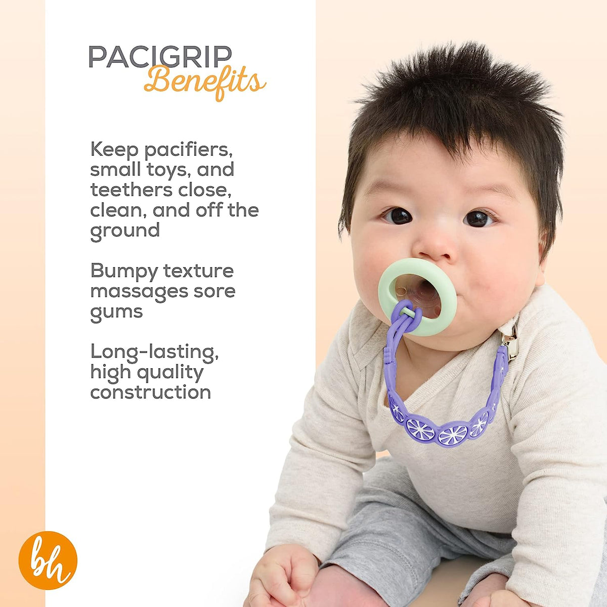 BooginHead Silicone Pacifier Clip Baby Pacifier Holder 2-Pack, Purple & Grapefruit