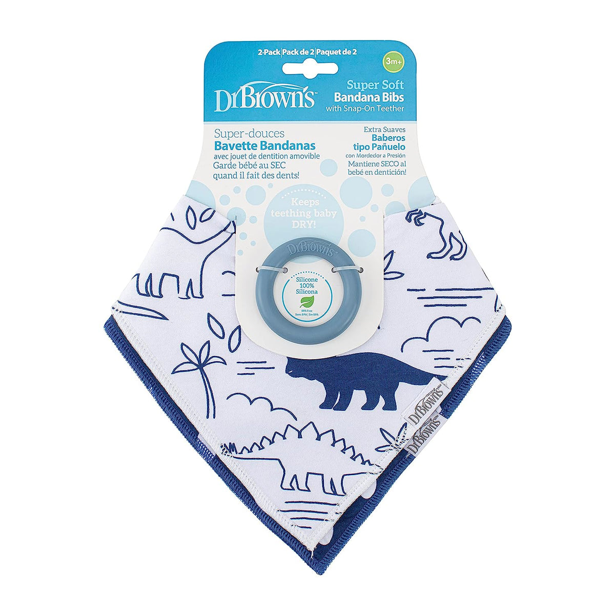 Dr. Brown's Bandana Bib with Snap-On Removable Teether, Cotton Baby Bib with Soft Fleece Lining for Teething &