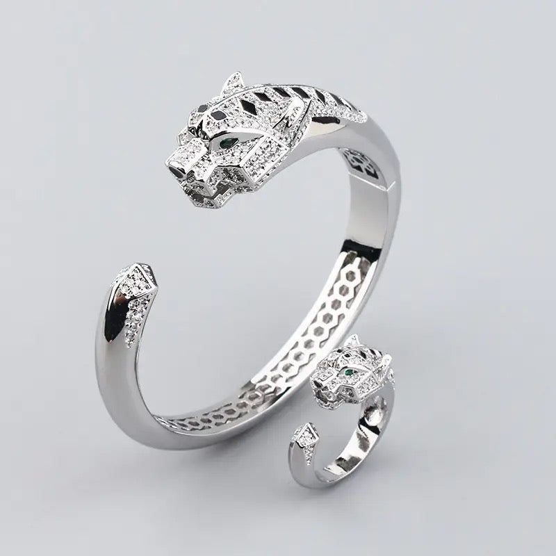 Panther Bracelet and Ring Women Silver Fine Jewelry AA CZ stone Steel
