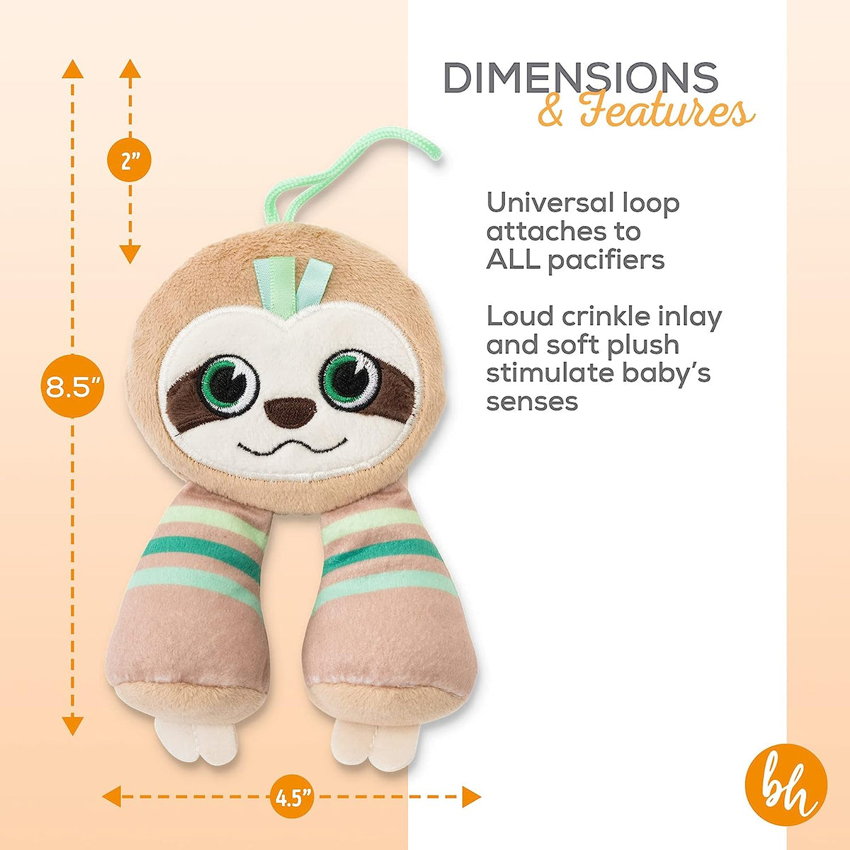 BooginHead Pacifier Holder Stuffed Animal and Baby Pacifier Clip, 2-Pack Sloths