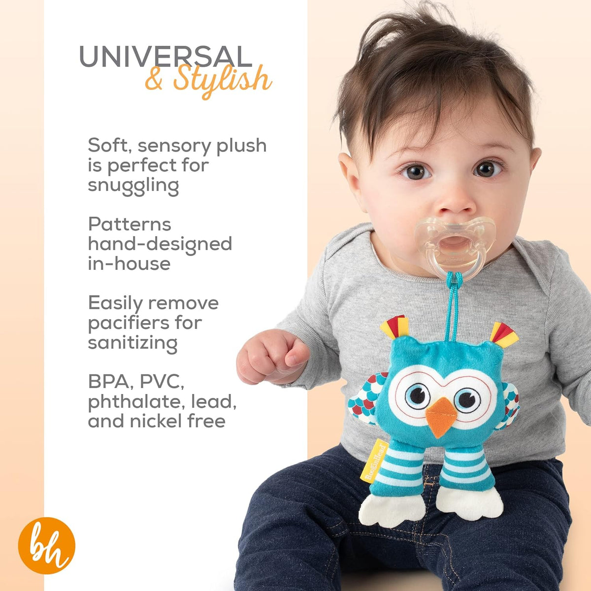 BooginHead Pacifier Holder Stuffed Animal and Baby Pacifier Clip,Turquoise Owl