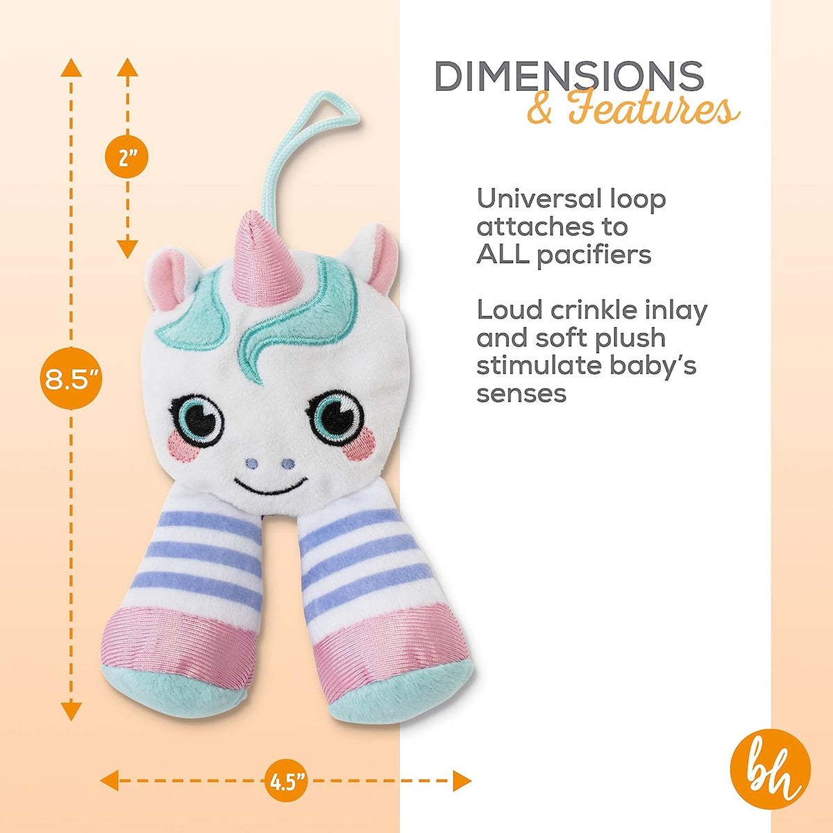 BooginHead Pacifier Holder Stuffed Animal and Baby Pacifier Clip, 2-Pack Unicorn