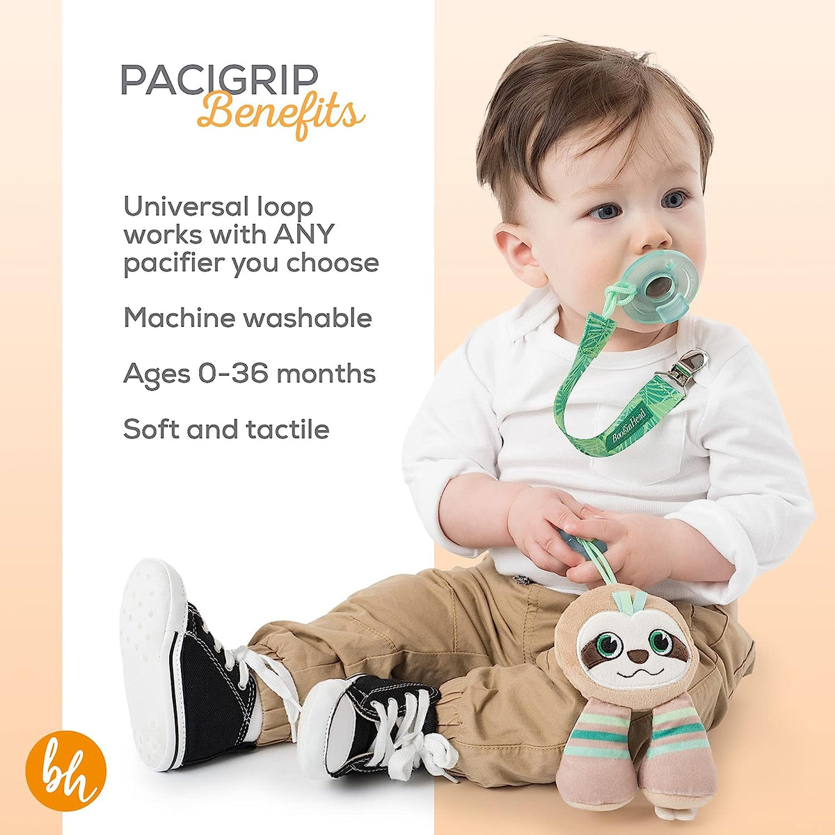 BooginHead Pacifier Holder Stuffed Animal and Baby Pacifier Clip, 2-Pack Sloths