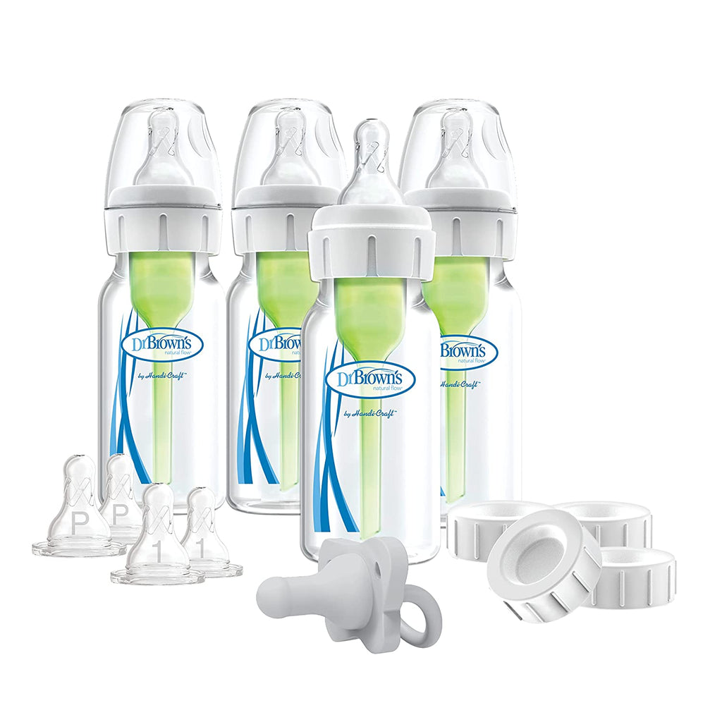 Dr. Brown's 14 Piece Options+ Slow Flow Preemie and Newborn Anti-Colic Bottle Set with 4oz Bottles and HappyPaci - Green